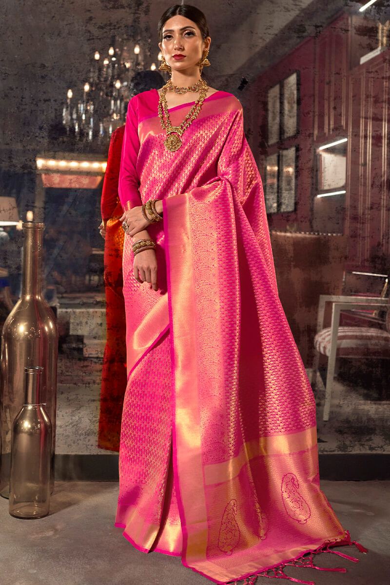 Demanding Pink Kanjivaram Silk Saree With Propinquity Blouse Piece