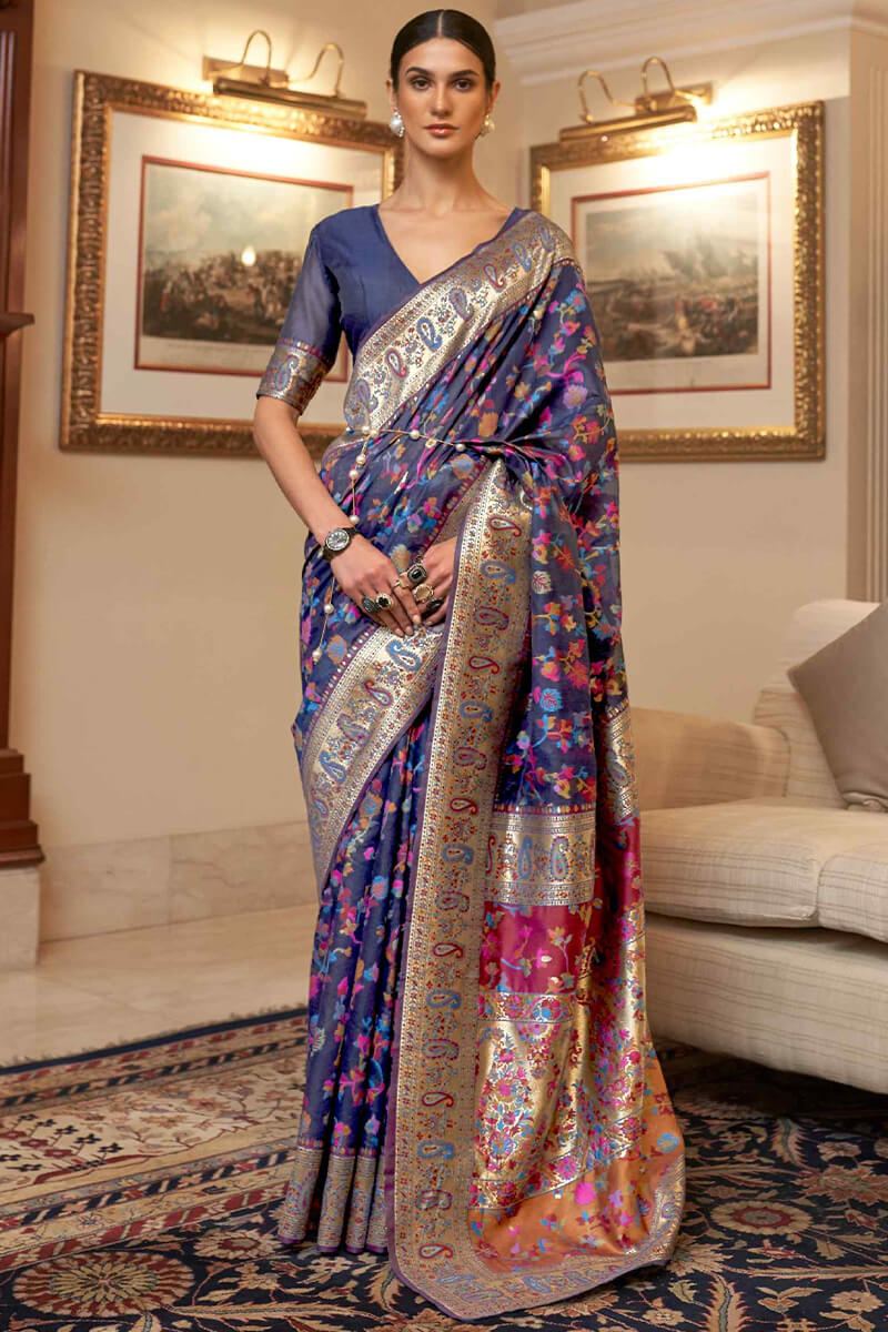 Girlish Navy Blue Pashmina saree With Petrichor Blouse Piece