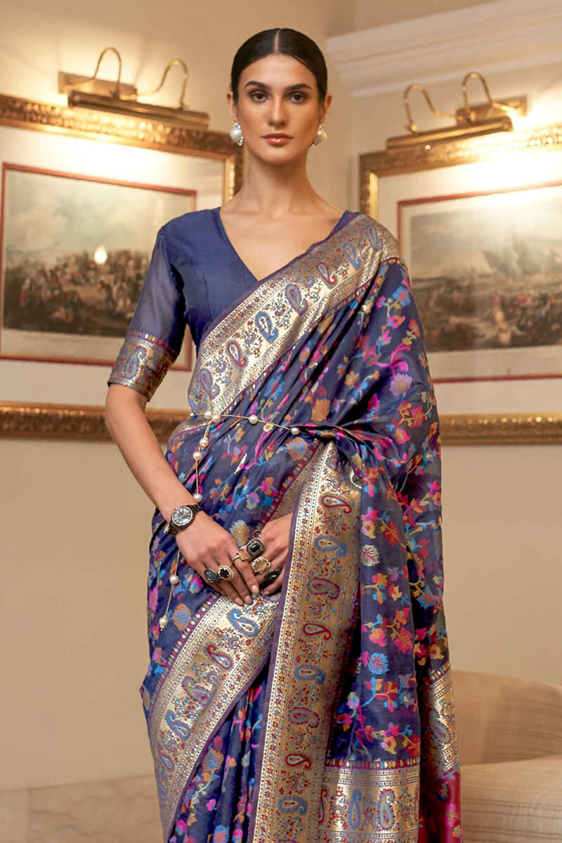 Girlish Navy Blue Pashmina saree With Petrichor Blouse Piece