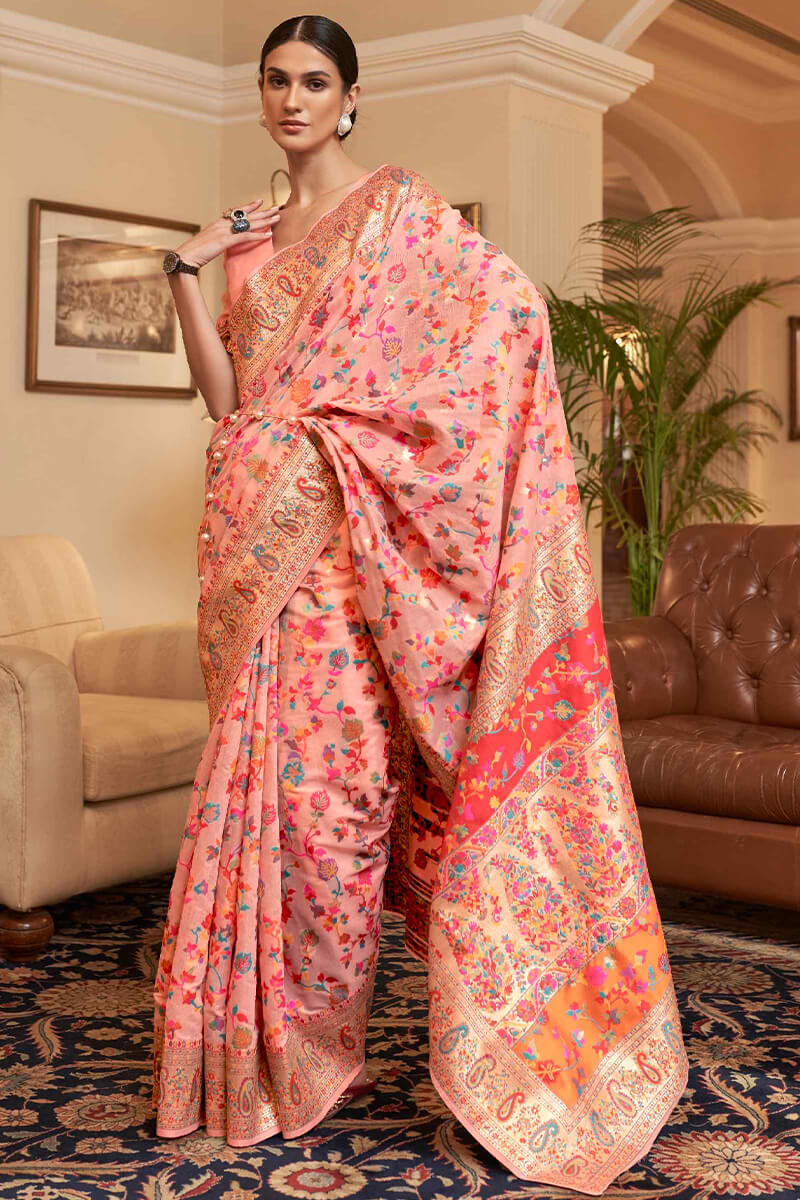 Beautiful Baby Pink Pashmina saree With Panoply Blouse Piece