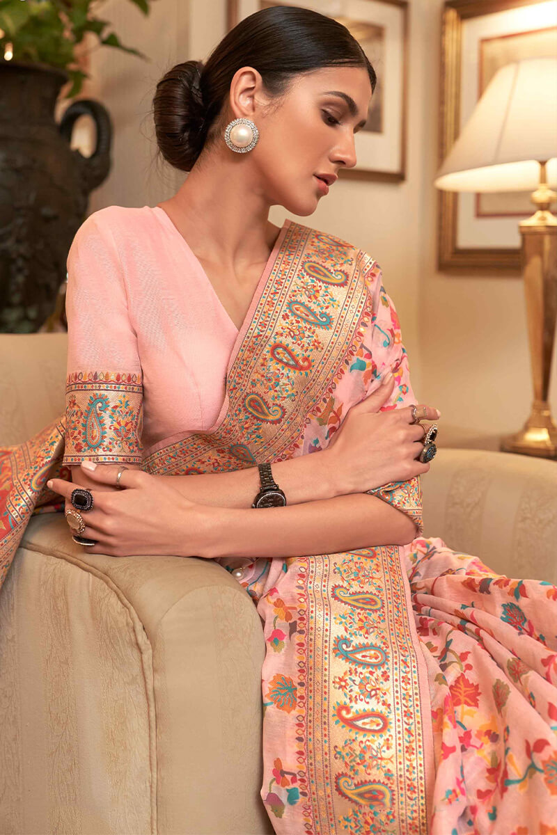 Beautiful Baby Pink Pashmina saree With Panoply Blouse Piece