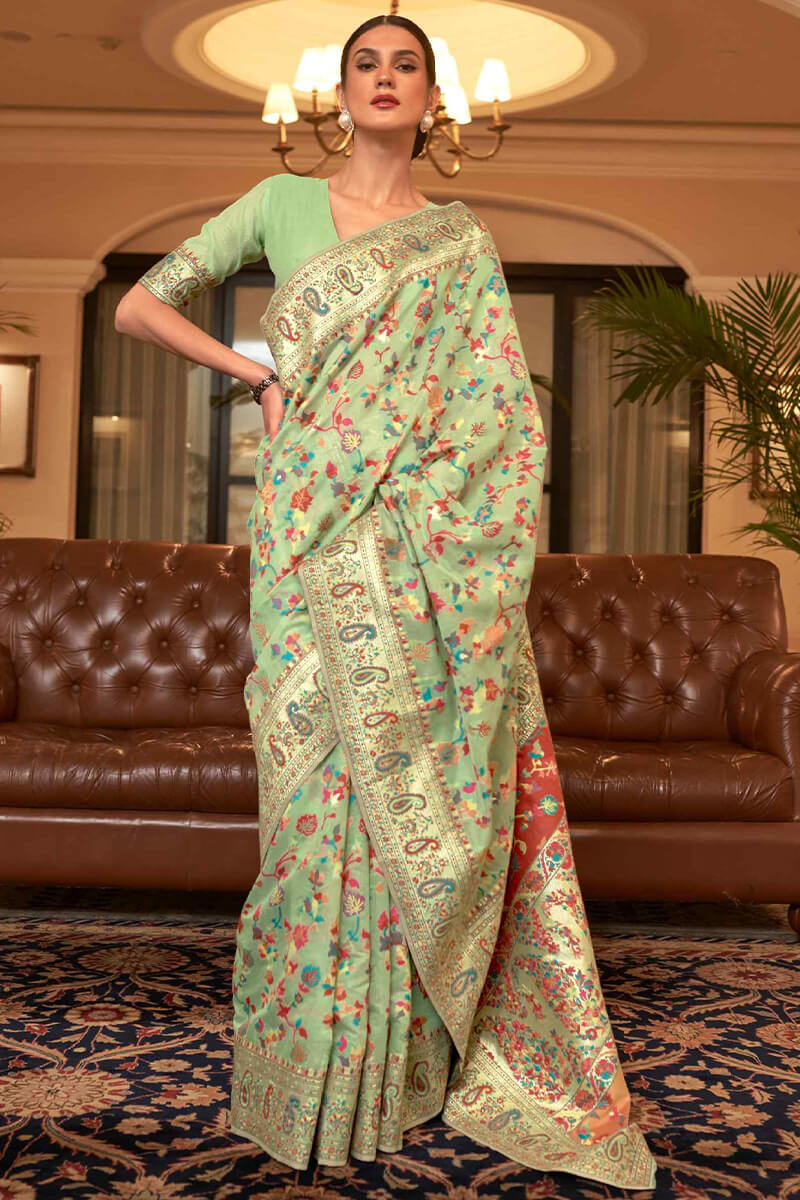 Trendy Pista Pashmina saree With Glamorous Blouse Piece