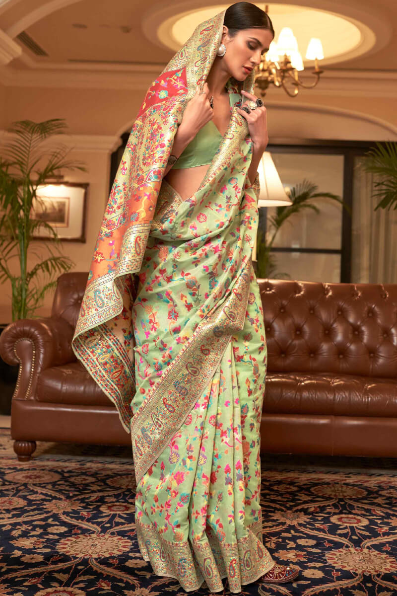 Trendy Pista Pashmina saree With Glamorous Blouse Piece