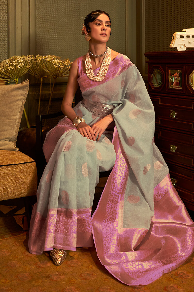 Eye-catching Grey Cotton Silk Saree With Palimpsest Blouse Piece