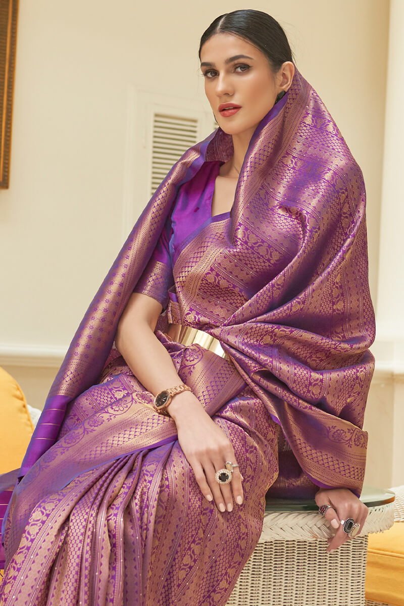 Glowing Purple Kanjivaram Silk Saree With Nemesis Blouse Piece