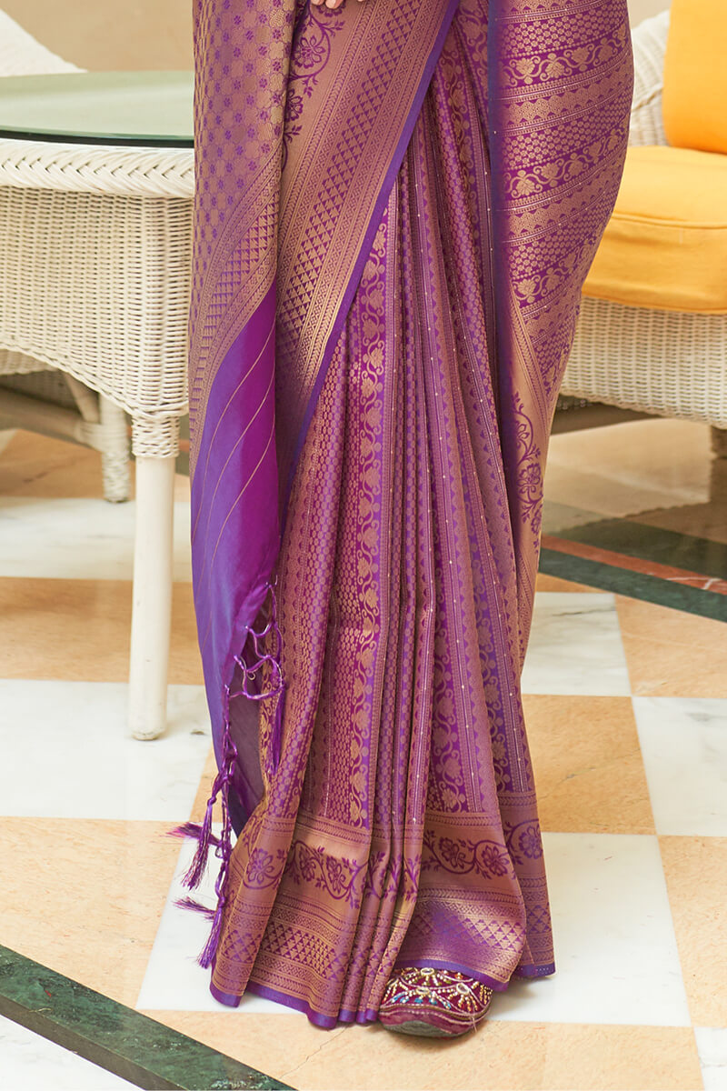 Glowing Purple Kanjivaram Silk Saree With Nemesis Blouse Piece