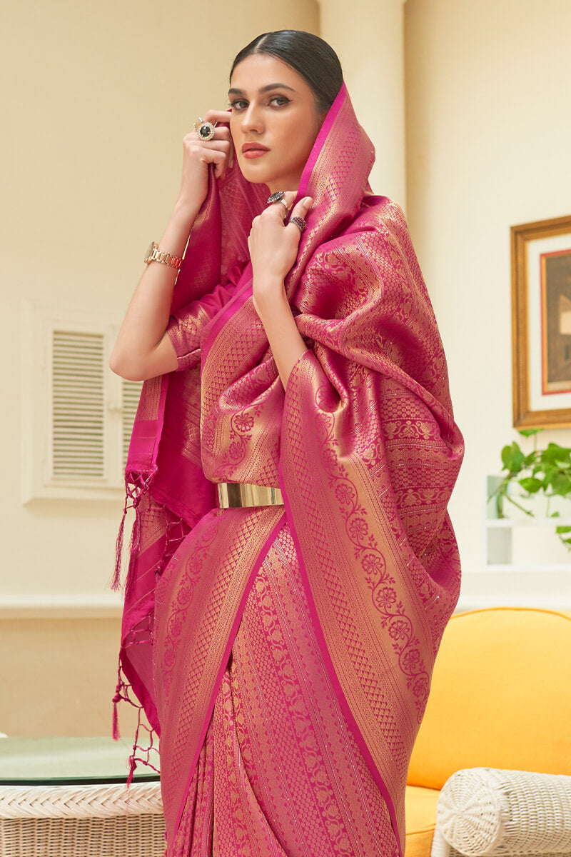 Palimpsest Dark Pink Kanjivaram Silk Saree With Ideal Blouse Piece