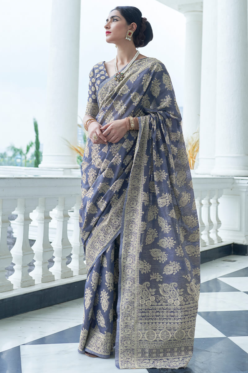 Artistic Flattering Blue Lucknowi Silk Saree With Forbearance Blouse Piece