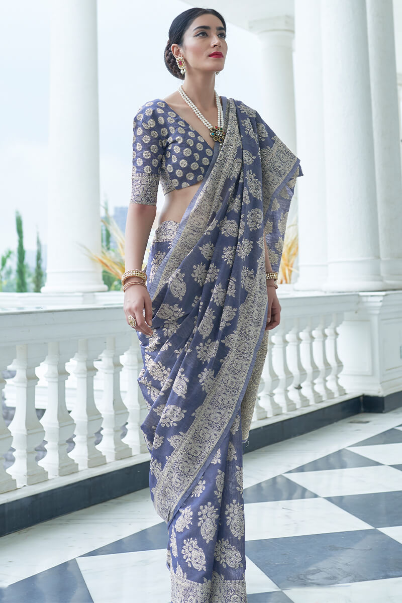 Artistic Flattering Blue Lucknowi Silk Saree With Forbearance Blouse Piece