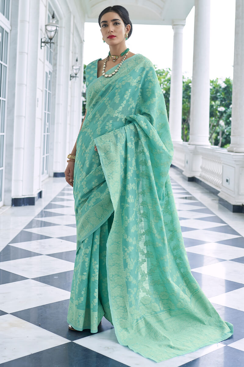 Eloquence Turquoise Lucknowi Silk Saree and Zephyr Blouse Piece