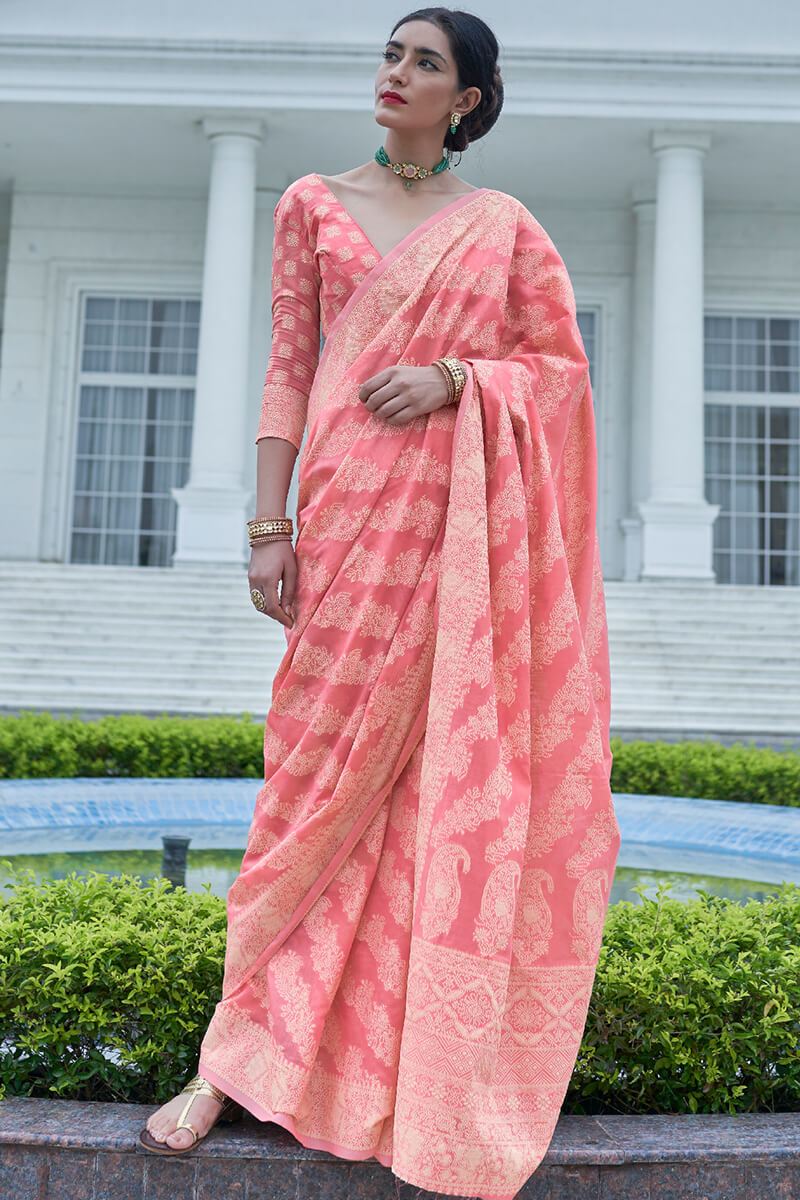 Elision Pink Lucknowi Silk Saree With Opulent Blouse Piece