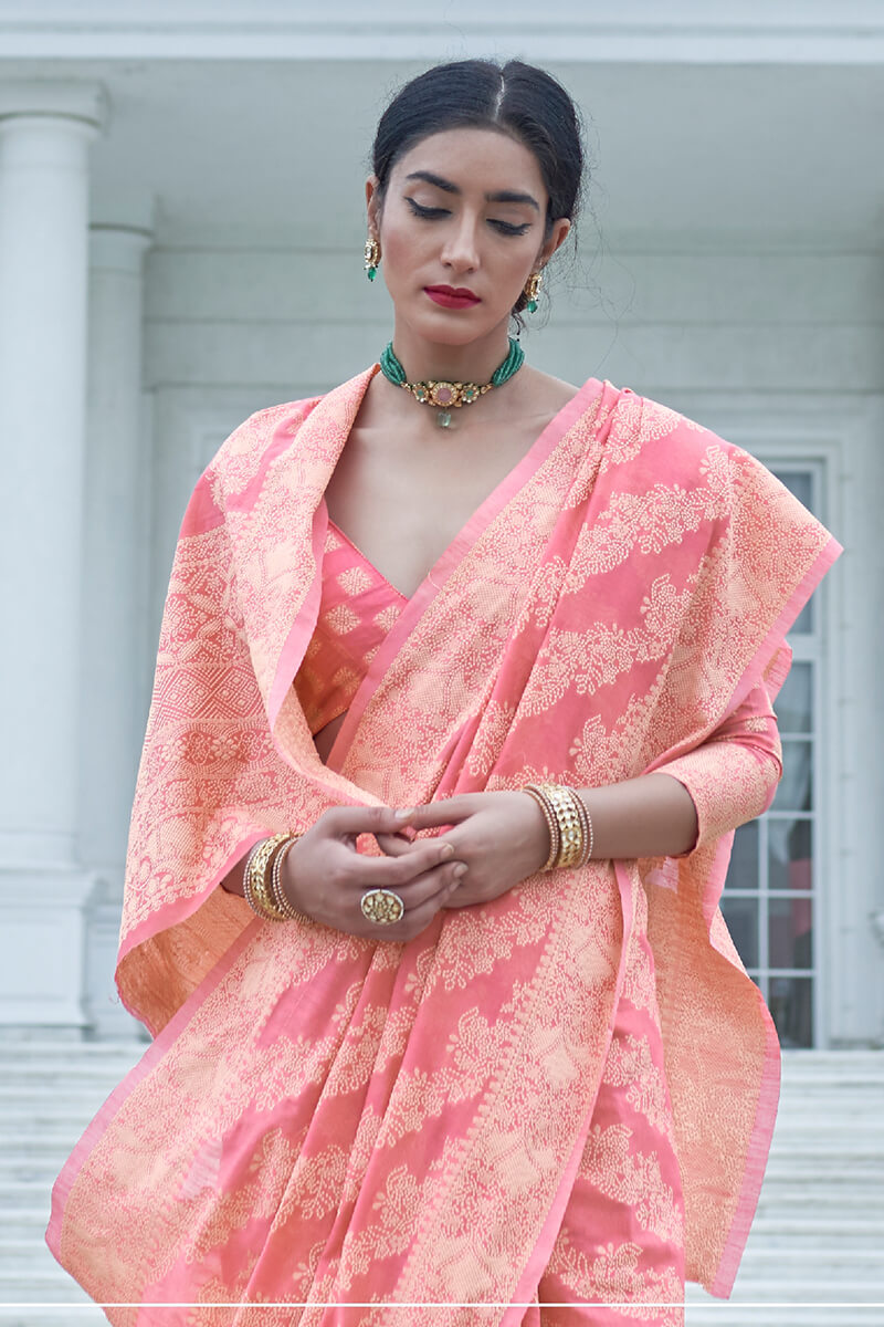 Elision Pink Lucknowi Silk Saree With Opulent Blouse Piece