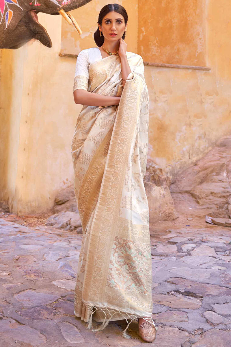 Nemesis Beige Soft Banarasi Silk Saree With Traditional Blouse Piece