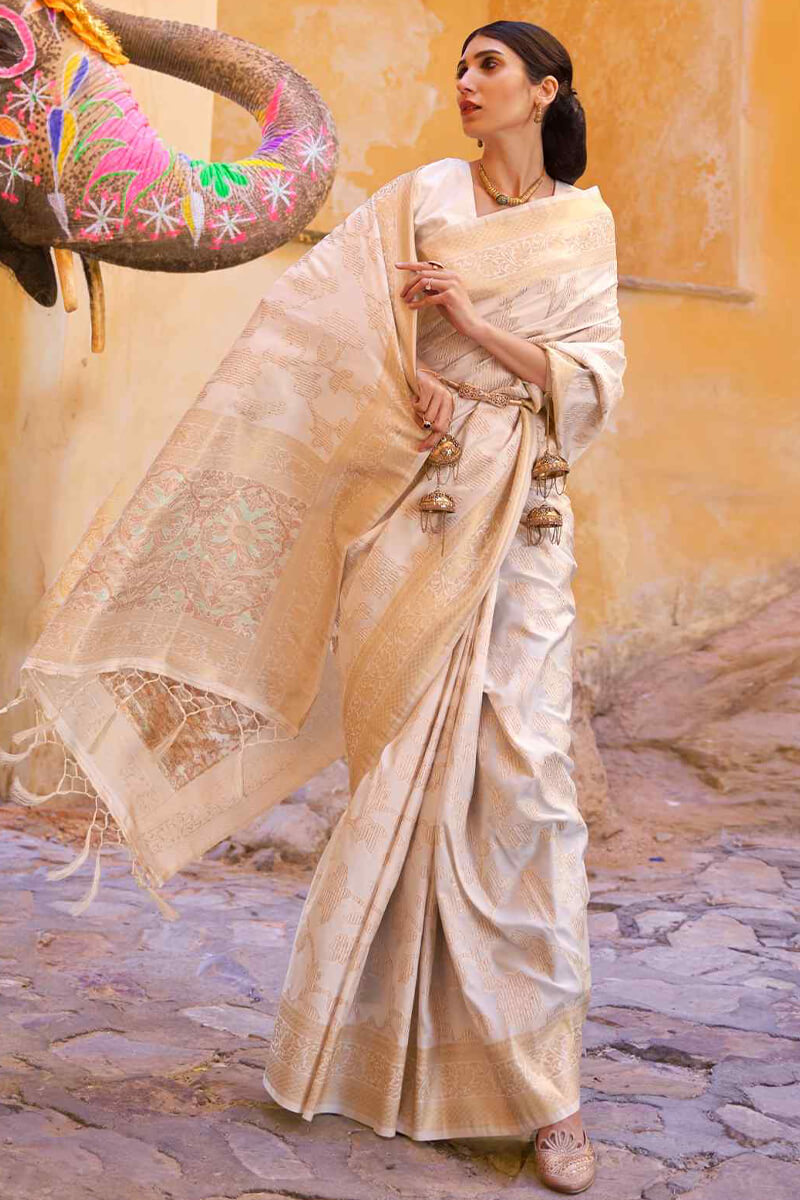 Nemesis Beige Soft Banarasi Silk Saree With Traditional Blouse Piece