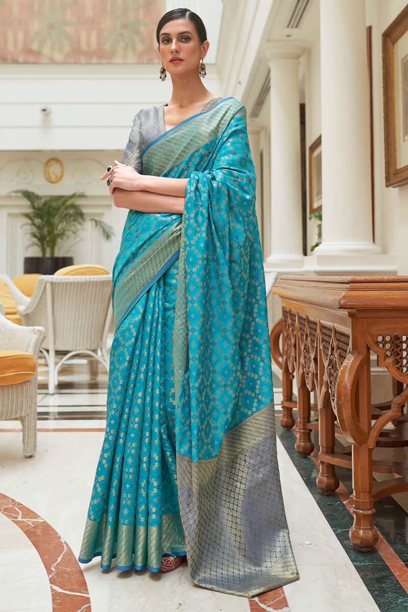 Lagniappe Firozi Soft Patola Silk Saree with A glam Blouse Piece