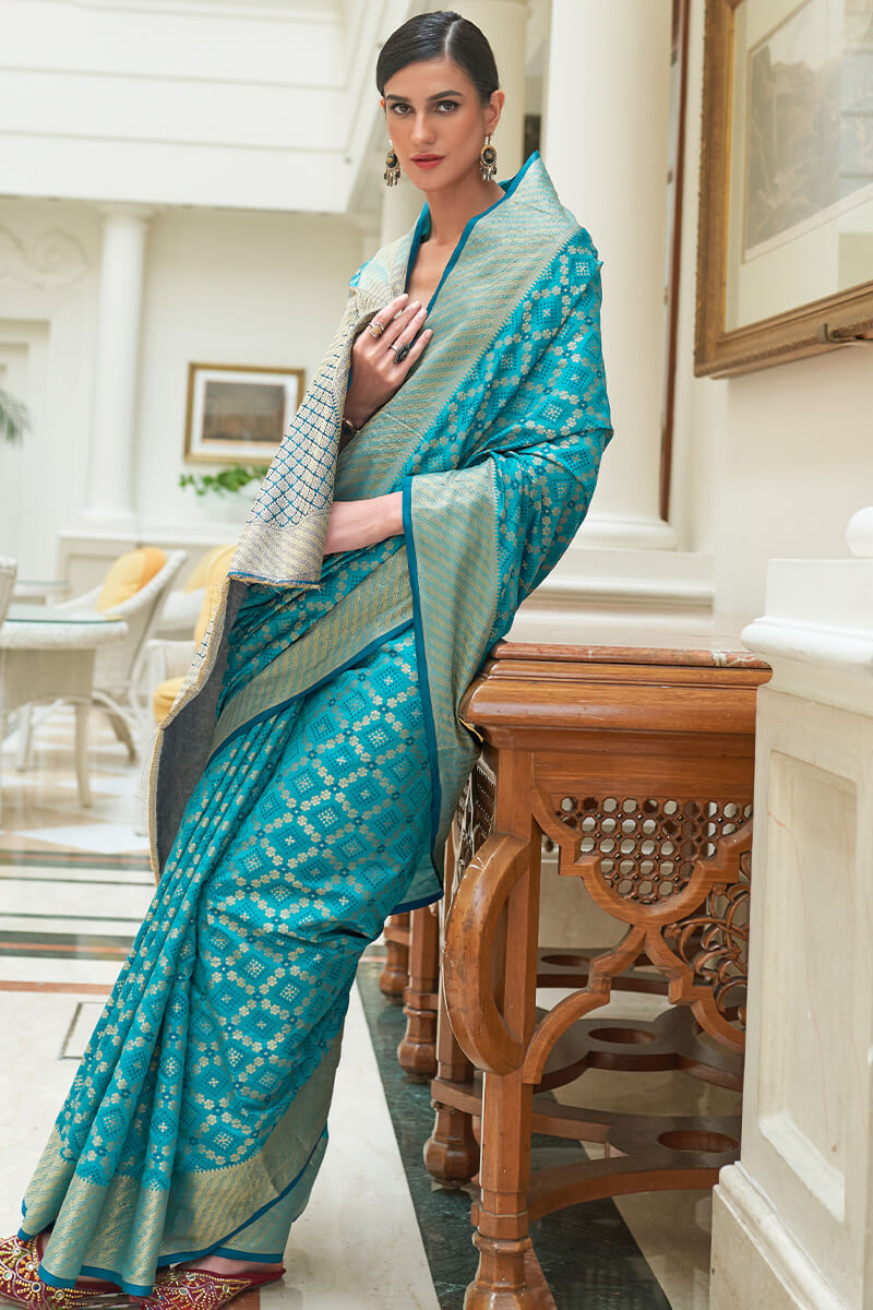 Lagniappe Firozi Soft Patola Silk Saree with A glam Blouse Piece