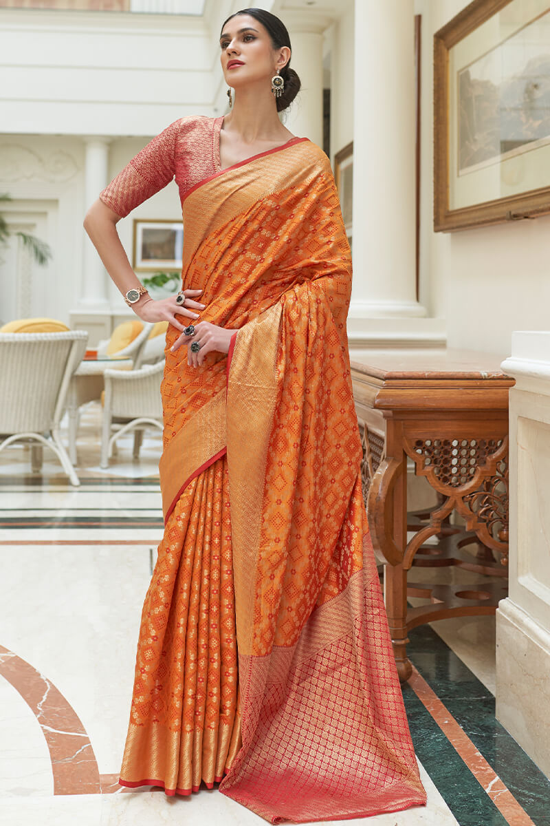 Imbrication Orange Soft Patola Silk Saree with Classic Blouse Piece