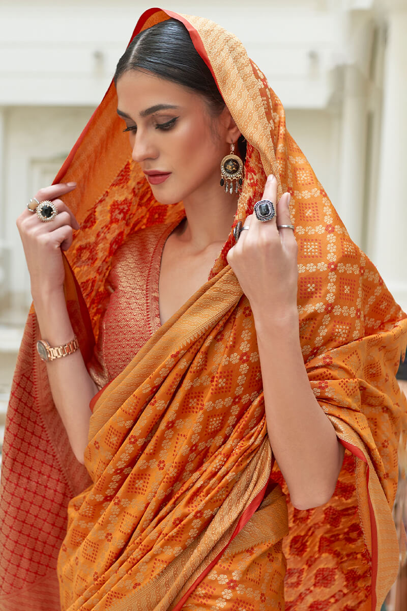 Imbrication Orange Soft Patola Silk Saree with Classic Blouse Piece