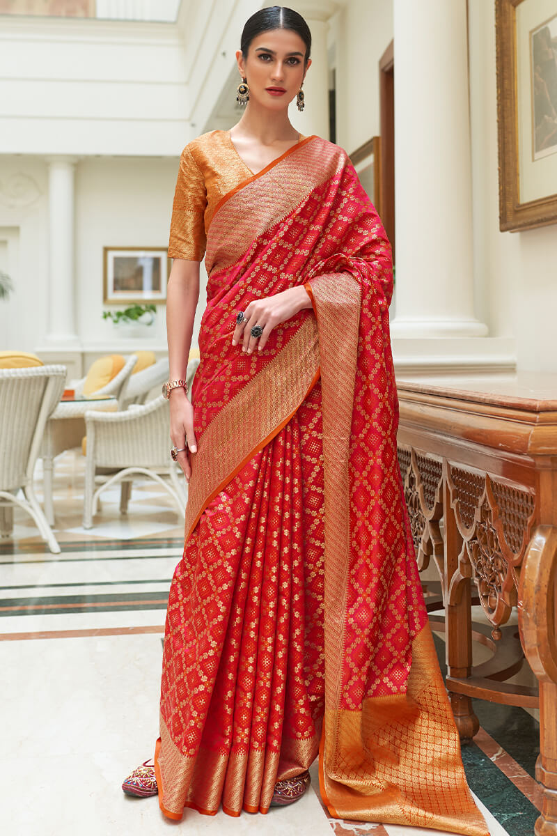 Gossamer Red Soft Patola Silk Saree with Stunner Blouse Piece