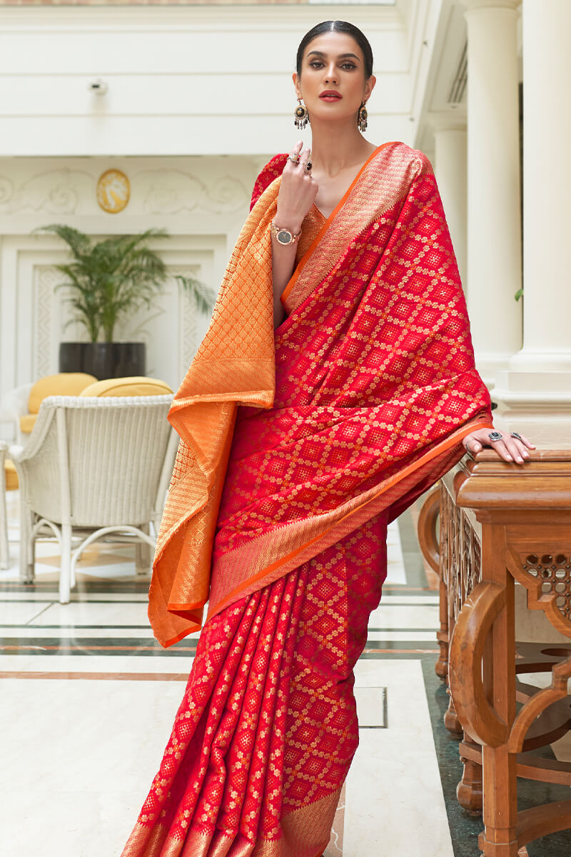 Gossamer Red Soft Patola Silk Saree with Stunner Blouse Piece