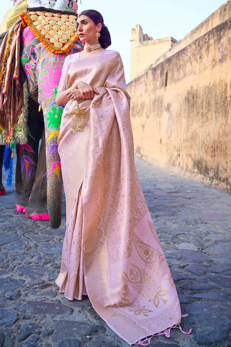 Lissome Baby Pink Kanjivaram Silk Saree with Exquisite Blouse Piece