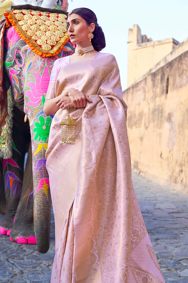 Lissome Baby Pink Kanjivaram Silk Saree with Exquisite Blouse Piece