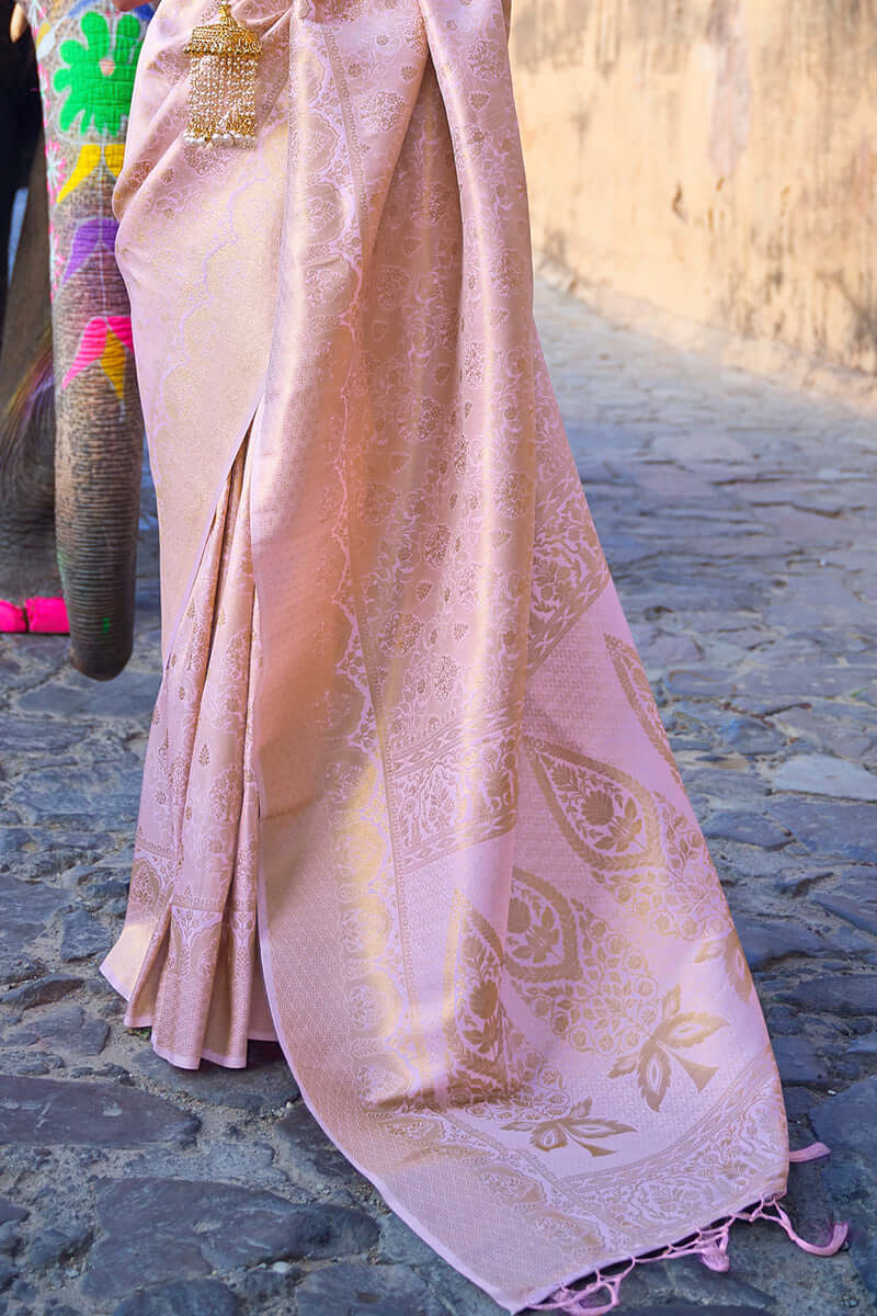 Lissome Baby Pink Kanjivaram Silk Saree with Exquisite Blouse Piece