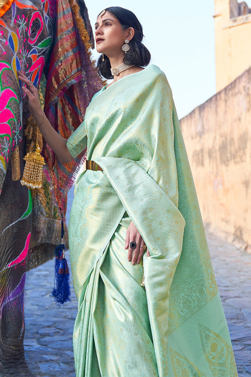 Phenomenal Pista Kanjivaram Silk Saree with Lagniappe Blouse Piece