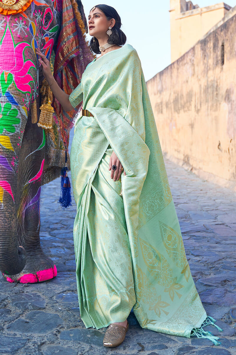 Phenomenal Pista Kanjivaram Silk Saree with Lagniappe Blouse Piece