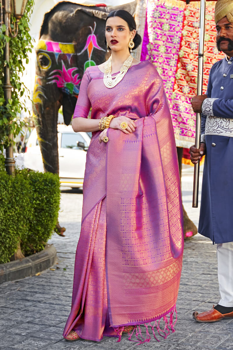 Effervescent Purple Kanjivaram Silk Saree With Effulgent Blouse Piece