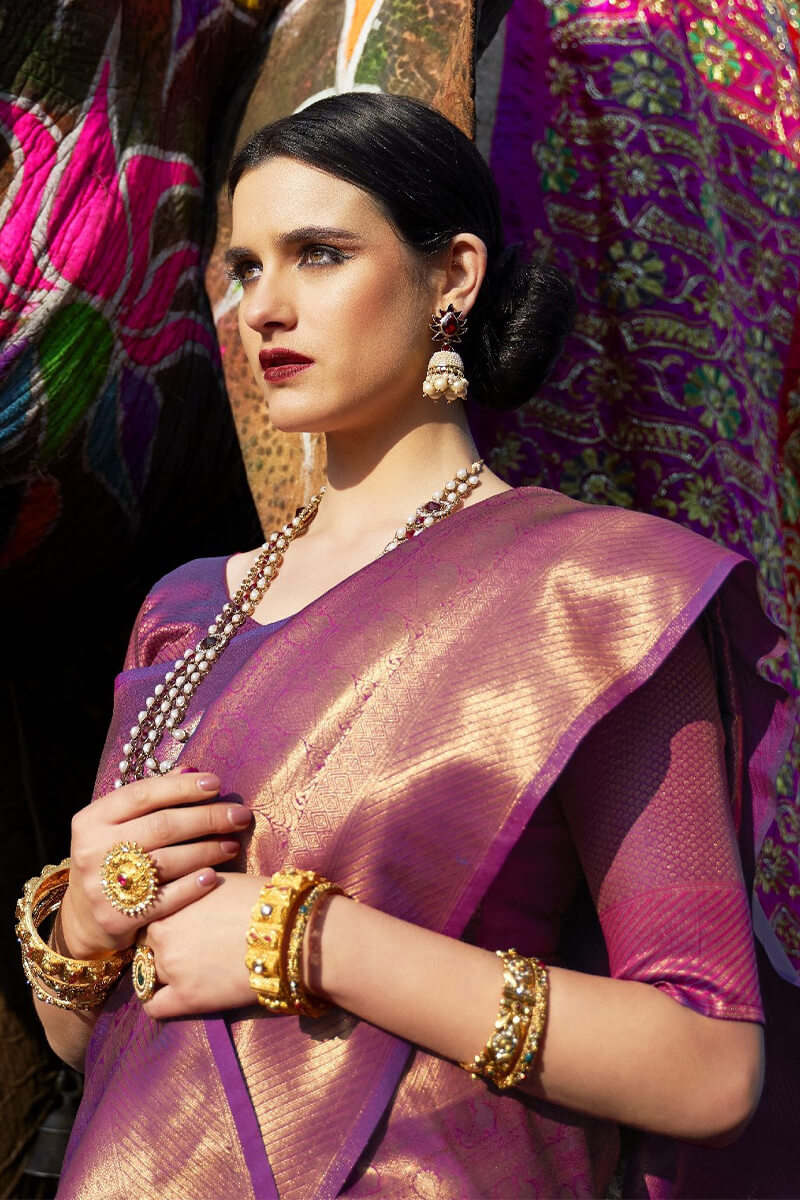 Effervescent Purple Kanjivaram Silk Saree With Effulgent Blouse Piece