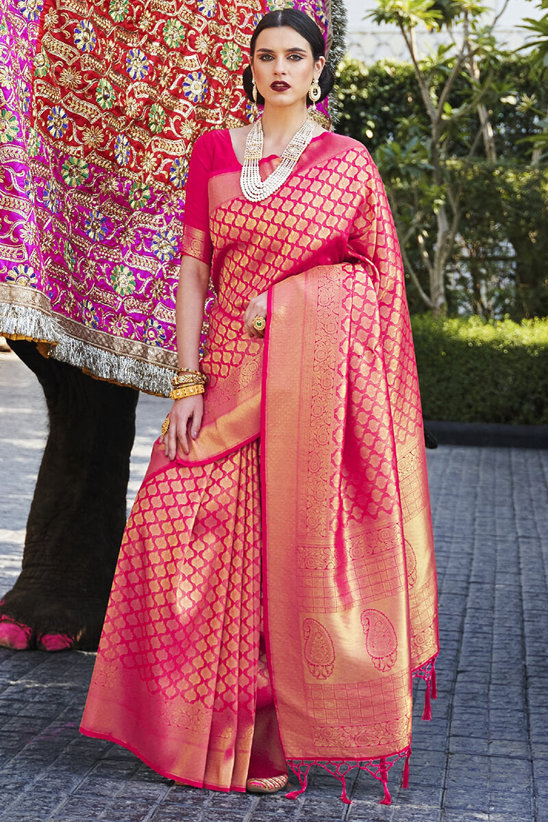 Lassitude Dark Pink Kanjivaram Silk Saree With A dreamy Blouse Piece