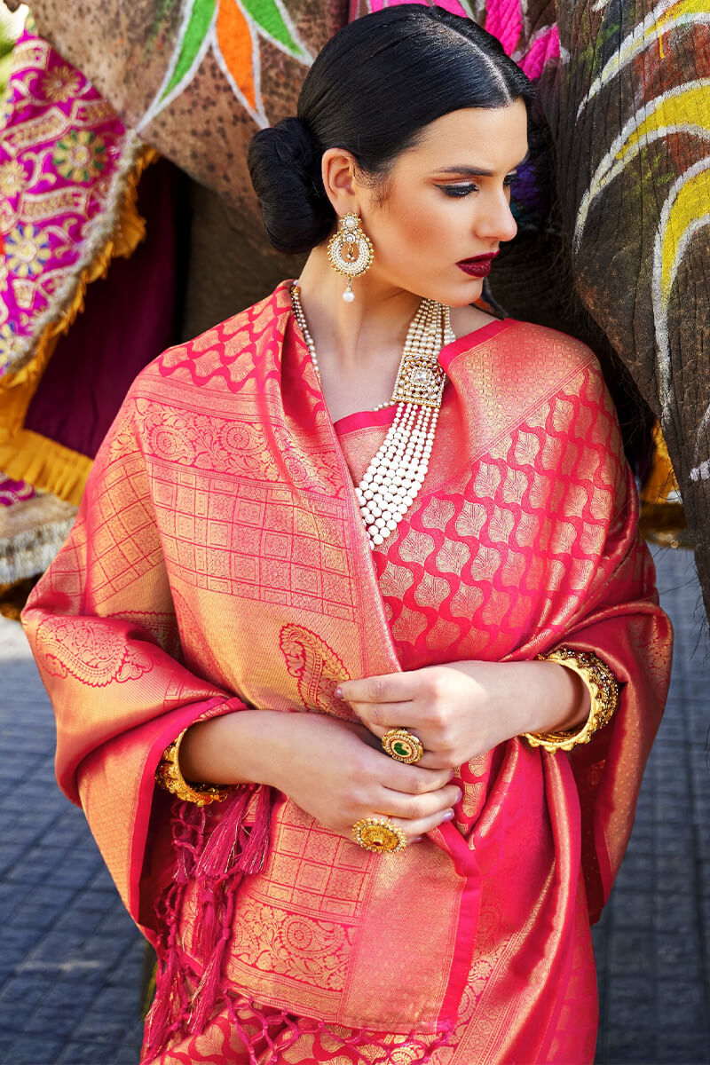 Lassitude Dark Pink Kanjivaram Silk Saree With A dreamy Blouse Piece