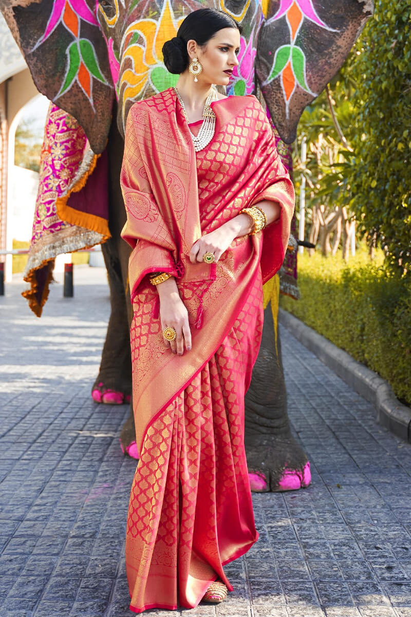 Lassitude Dark Pink Kanjivaram Silk Saree With A dreamy Blouse Piece