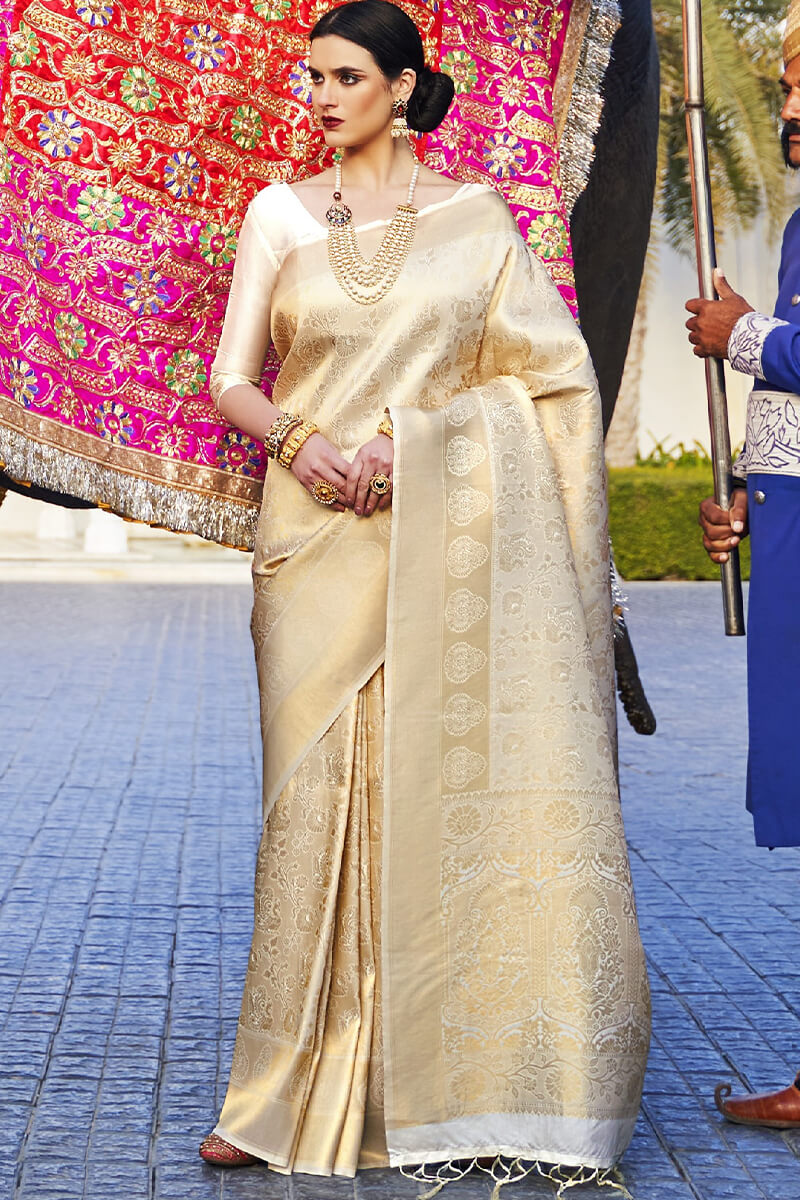 Gratifying Beige Kanjivaram Silk Saree With Imbrication Blouse Piece