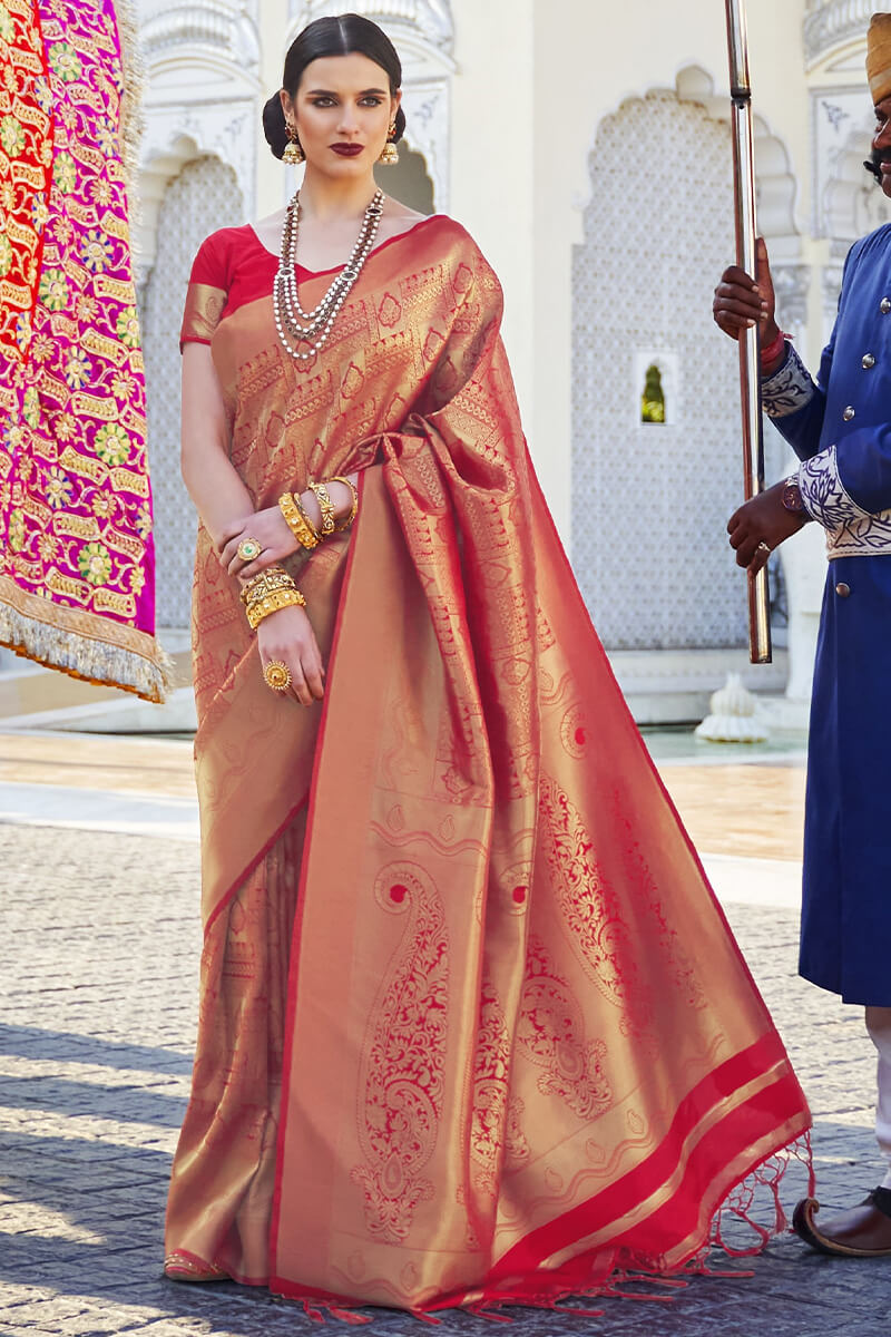 Dazzling Red Kanjivaram Silk Saree With Gossamer Blouse Piece