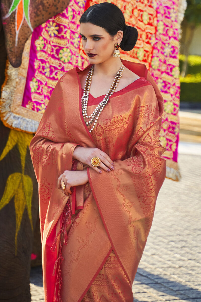 Dazzling Red Kanjivaram Silk Saree With Gossamer Blouse Piece