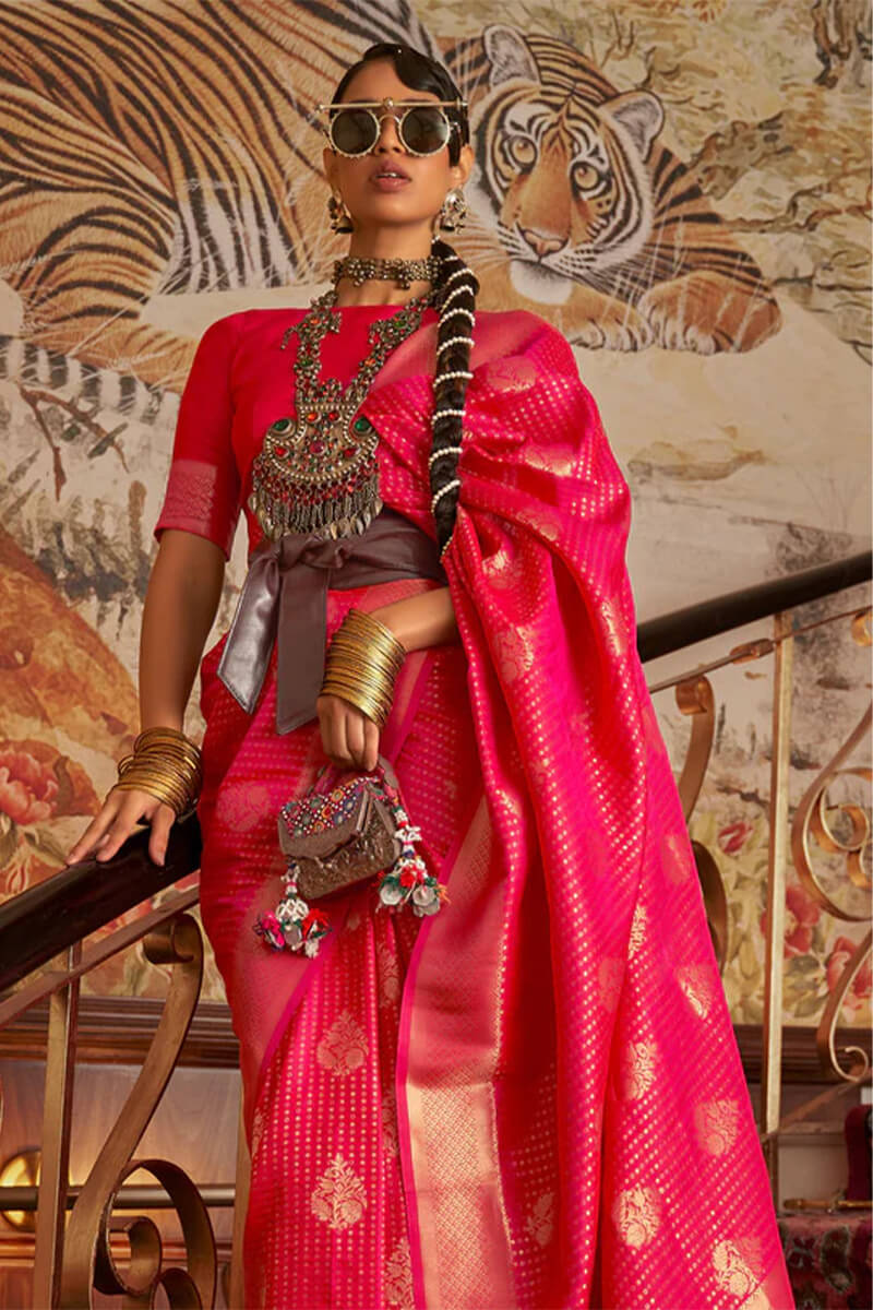 Murmurous Hot Pink Kanjivaram Silk Saree with Super extravagant Blouse Piece