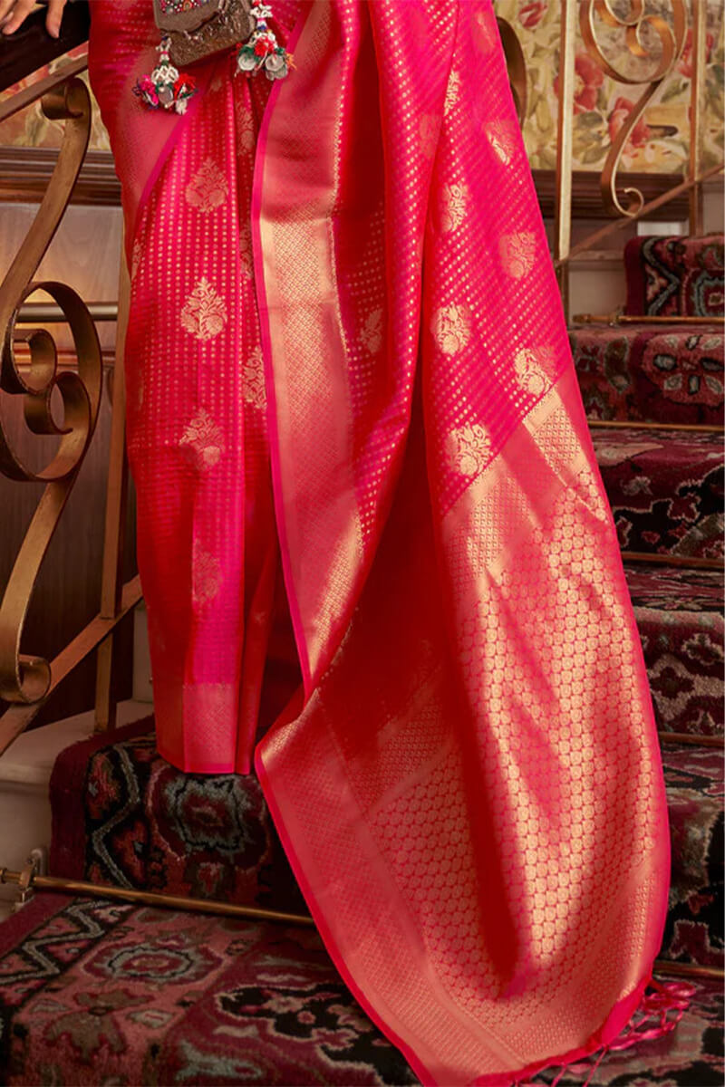 Murmurous Hot Pink Kanjivaram Silk Saree with Super extravagant Blouse Piece