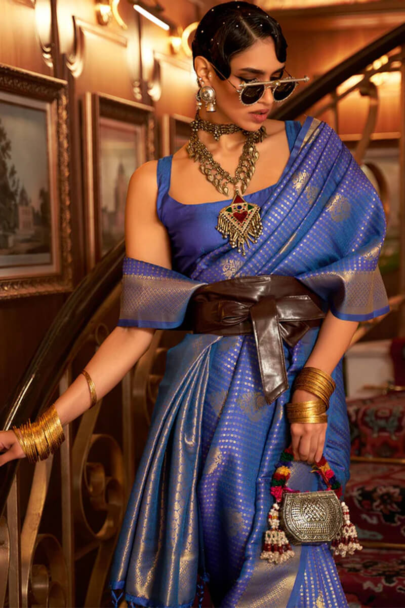 Moiety Royal Blue Kanjivaram Silk Saree with Adoring Blouse Piece