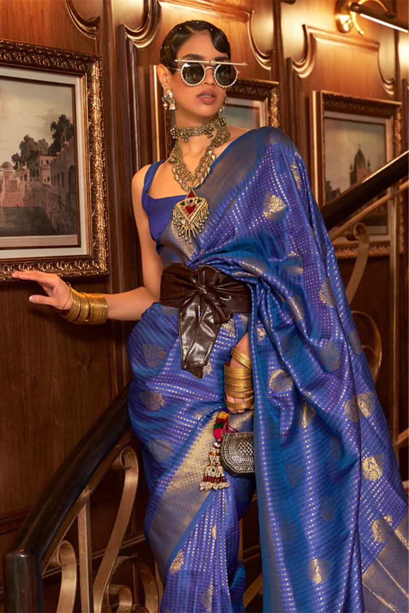 Moiety Royal Blue Kanjivaram Silk Saree with Adoring Blouse Piece