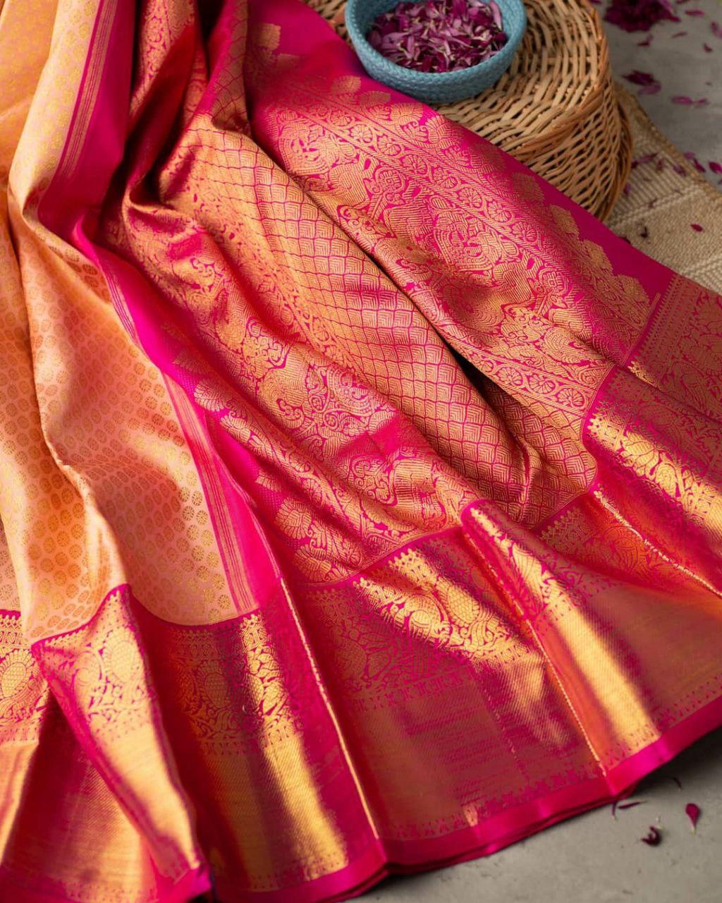 Fancifull Peach Soft Banarasi Silk Saree With Super classy Blouse Piece