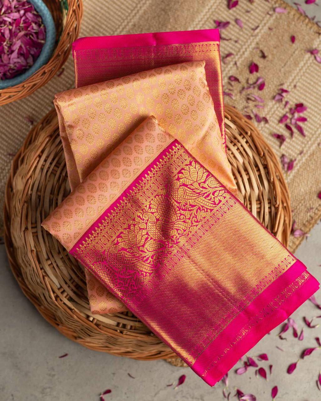 Fancifull Peach Soft Banarasi Silk Saree With Super classy Blouse Piece