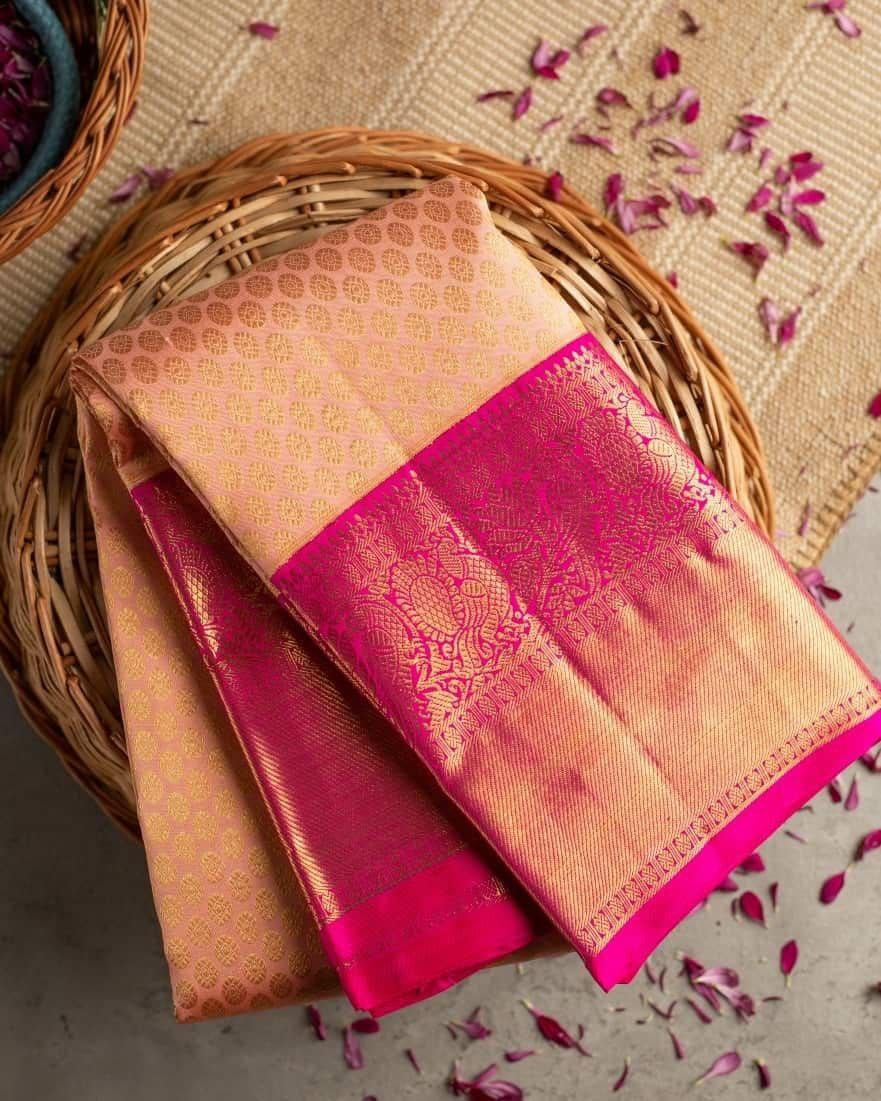 Fancifull Peach Soft Banarasi Silk Saree With Super classy Blouse Piece