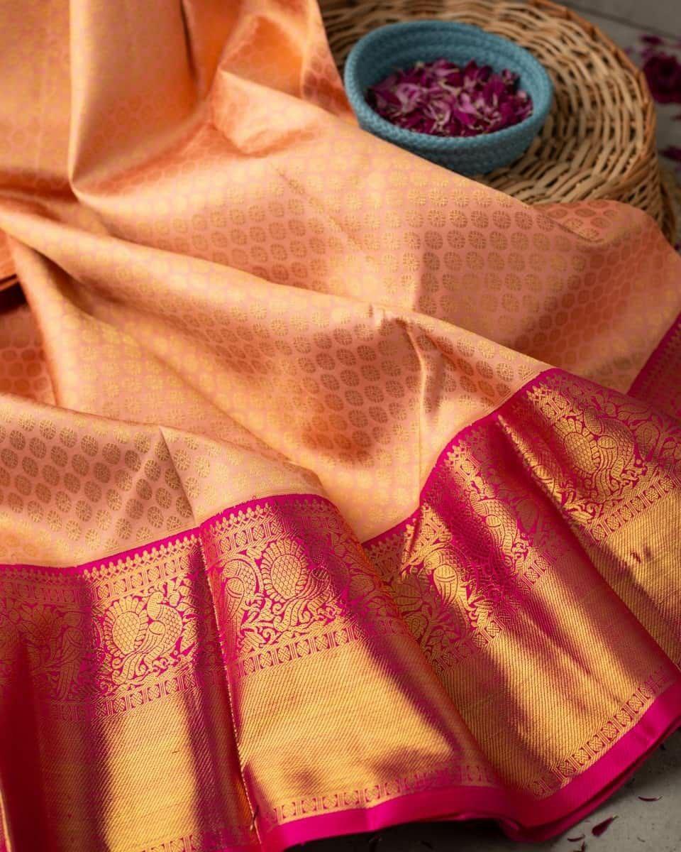 Fancifull Peach Soft Banarasi Silk Saree With Super classy Blouse Piece