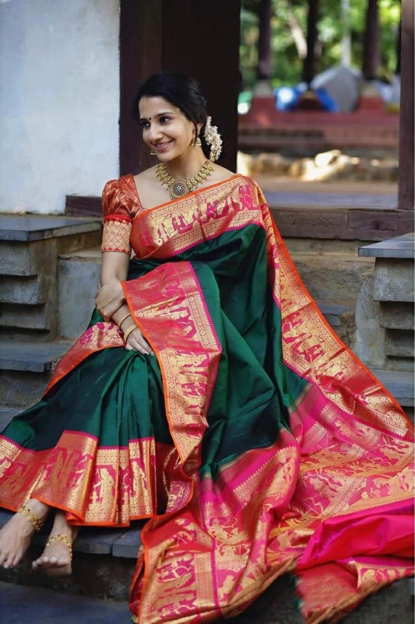 Sensational Green Soft Silk Saree With Profuse Blouse Piece