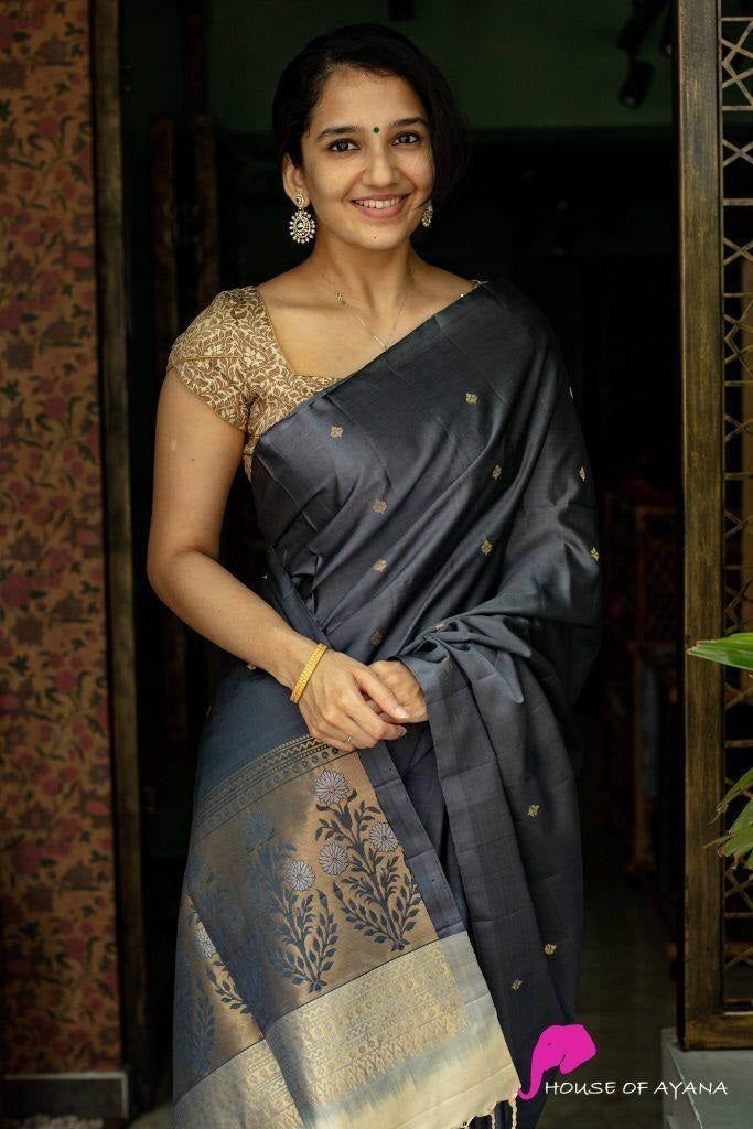 Blissful Grey Soft Silk Saree With Tremendous Blouse Piece