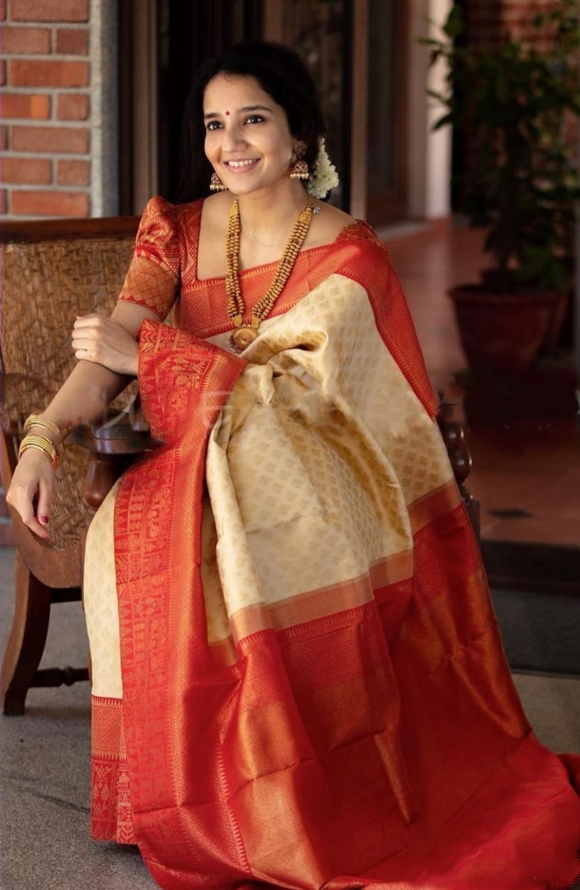 Demanding catching Beige Soft Banarasi Silk Saree With Nebula Blouse Piece