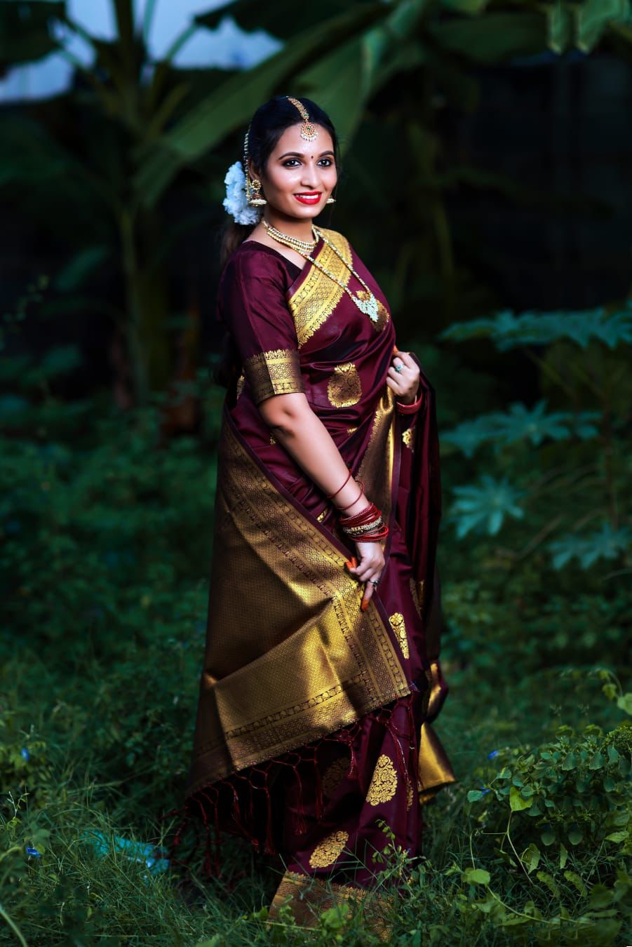 Scintillating Wine Soft Banarasi Silk Saree With Fancifull Blouse Piece