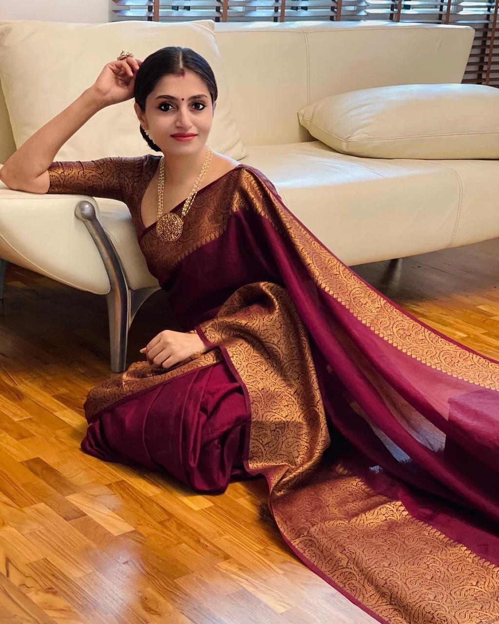 Wonderful Wine Soft Silk Saree With Exuberant Blouse Piece